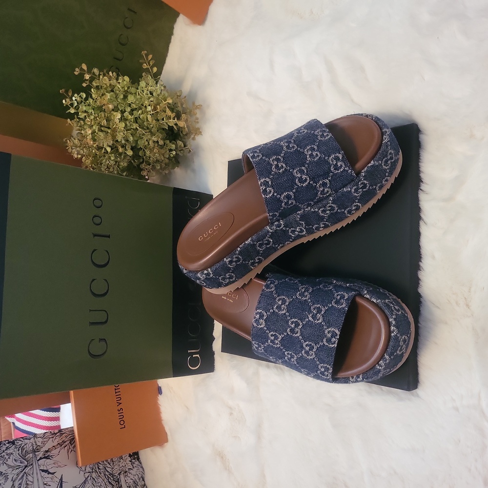 GUCCI Denim GG Monogram Angelina Platform 55mm Blue TeaI SIZE 37 UK/7 US